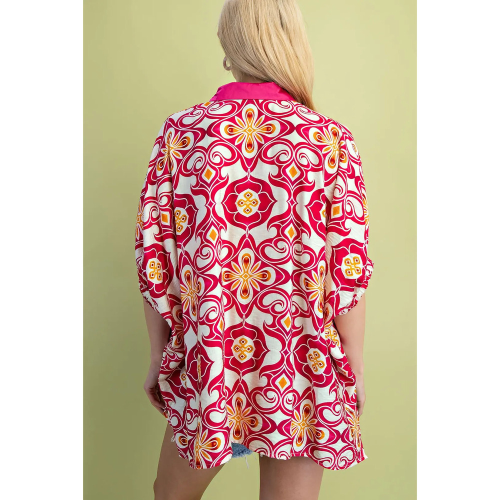 TE1304 GiGio Medallion Print Elastic Dolman Sleeve Top Satin String Ties Var Sz - Picture 5 of 5